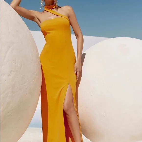 Lulus | Dresses | Lulus Nwt Seraphina Golden Yellow Asymmetrical Column  Maxi Dress | Poshmark